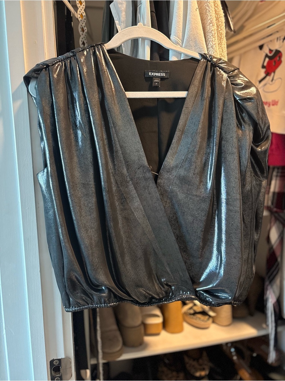 Express Shiny Black Surplice Draped Top